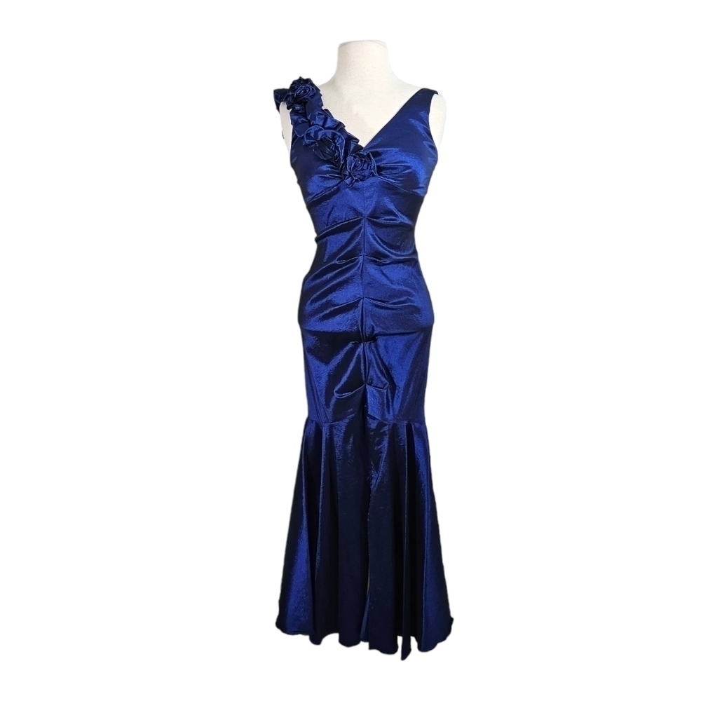 R & M Richards Boyal Blue Asymmetric Shoulder Ruffle Mermaid Gown Like New
